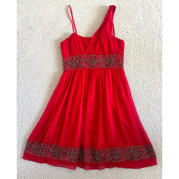 Adrianna Papell Evening Dress Red Silk Beaded One Shoulder Christmas Sequined - Picture 1 of 16